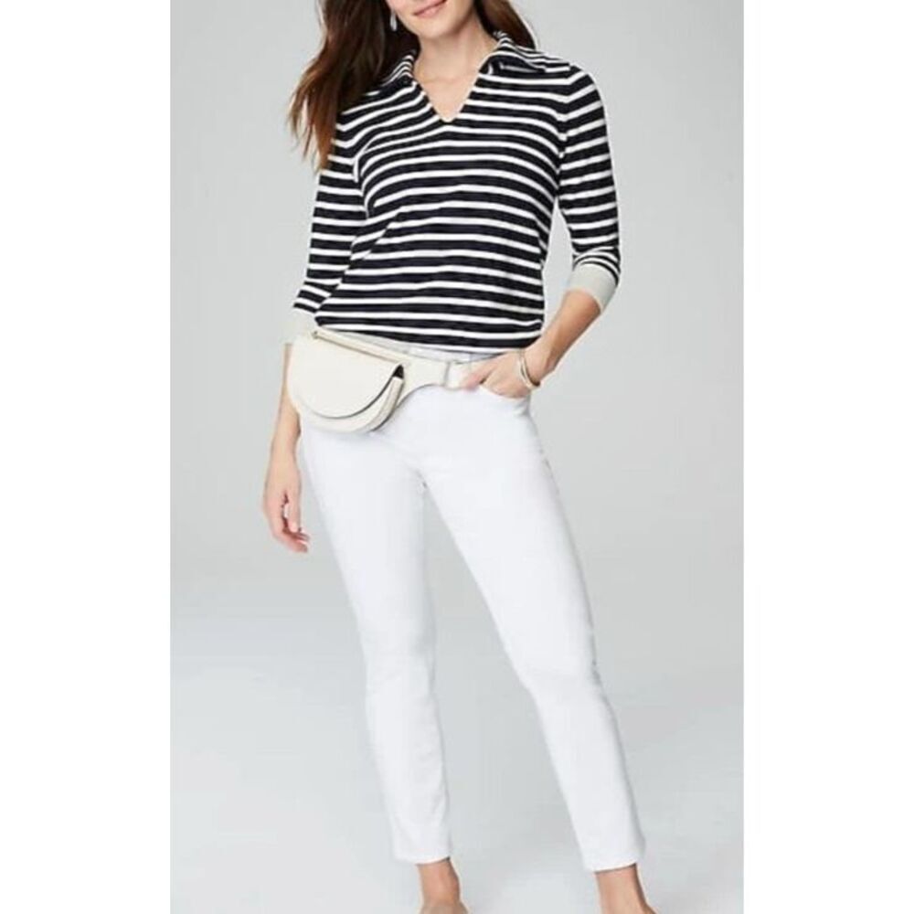 J. Jill Dark Navy & White Pull Over Sailor Collar V-neck Sweater Med #767